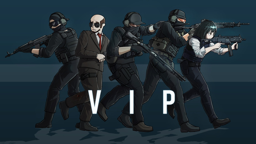 1girl, 4boys, absurdres, akm, assault_rifle, backwards_hat, baseball_cap, battle_rifle