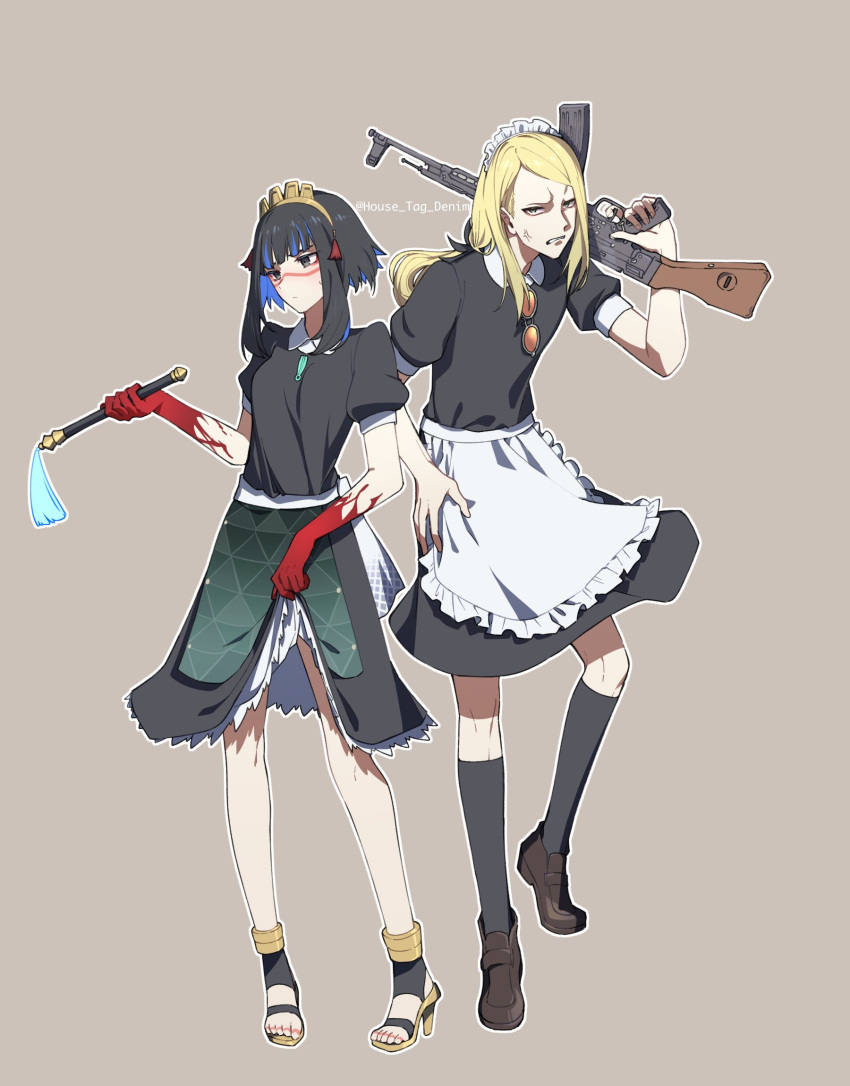 1boy, 1girl, alternate_costume, anger_vein, annoyed, apron, assault_rifle, bangs