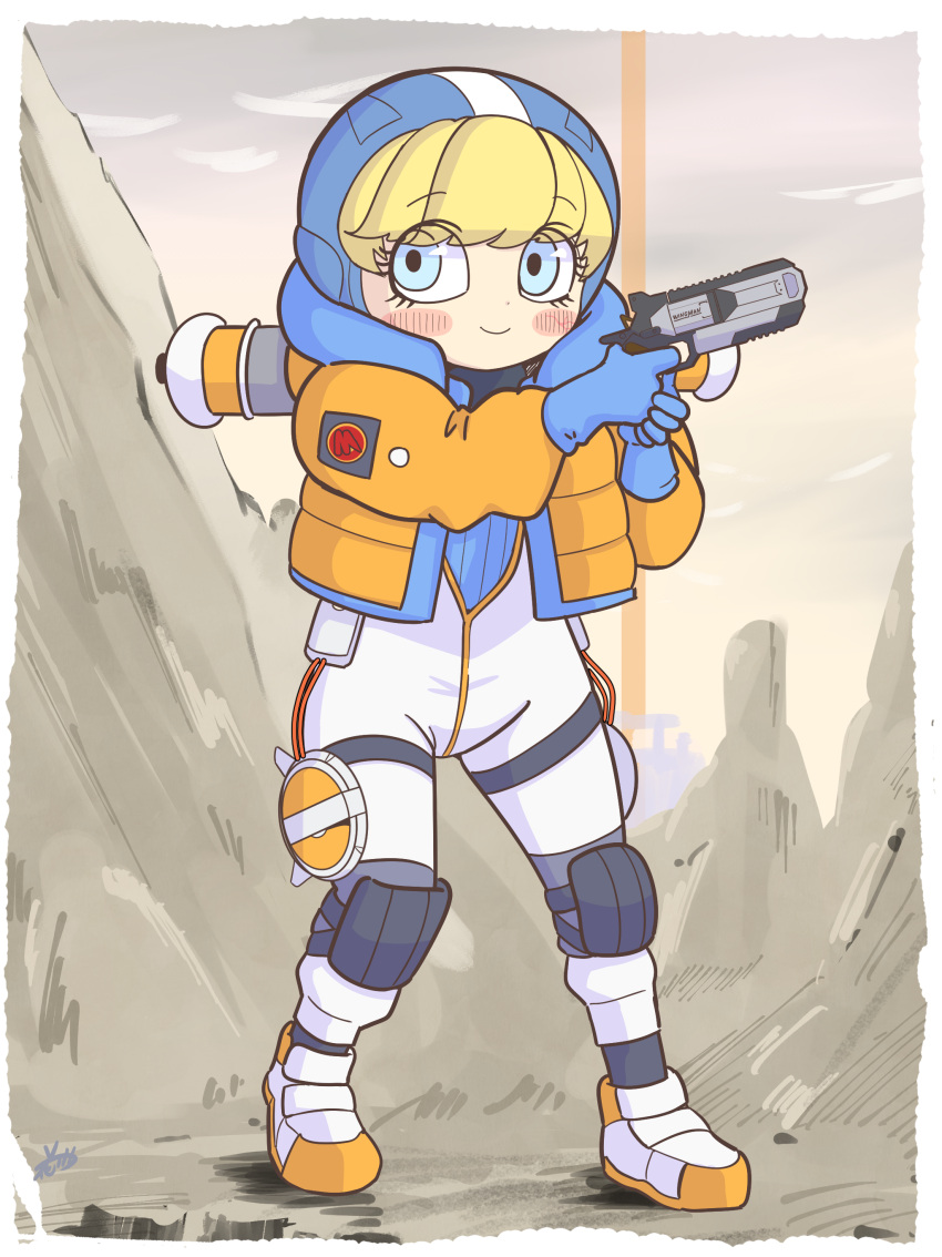 1girl, absurdres, apex_legends, b3_wingman, bangs, blonde_hair, blue_eyes, blue_gloves