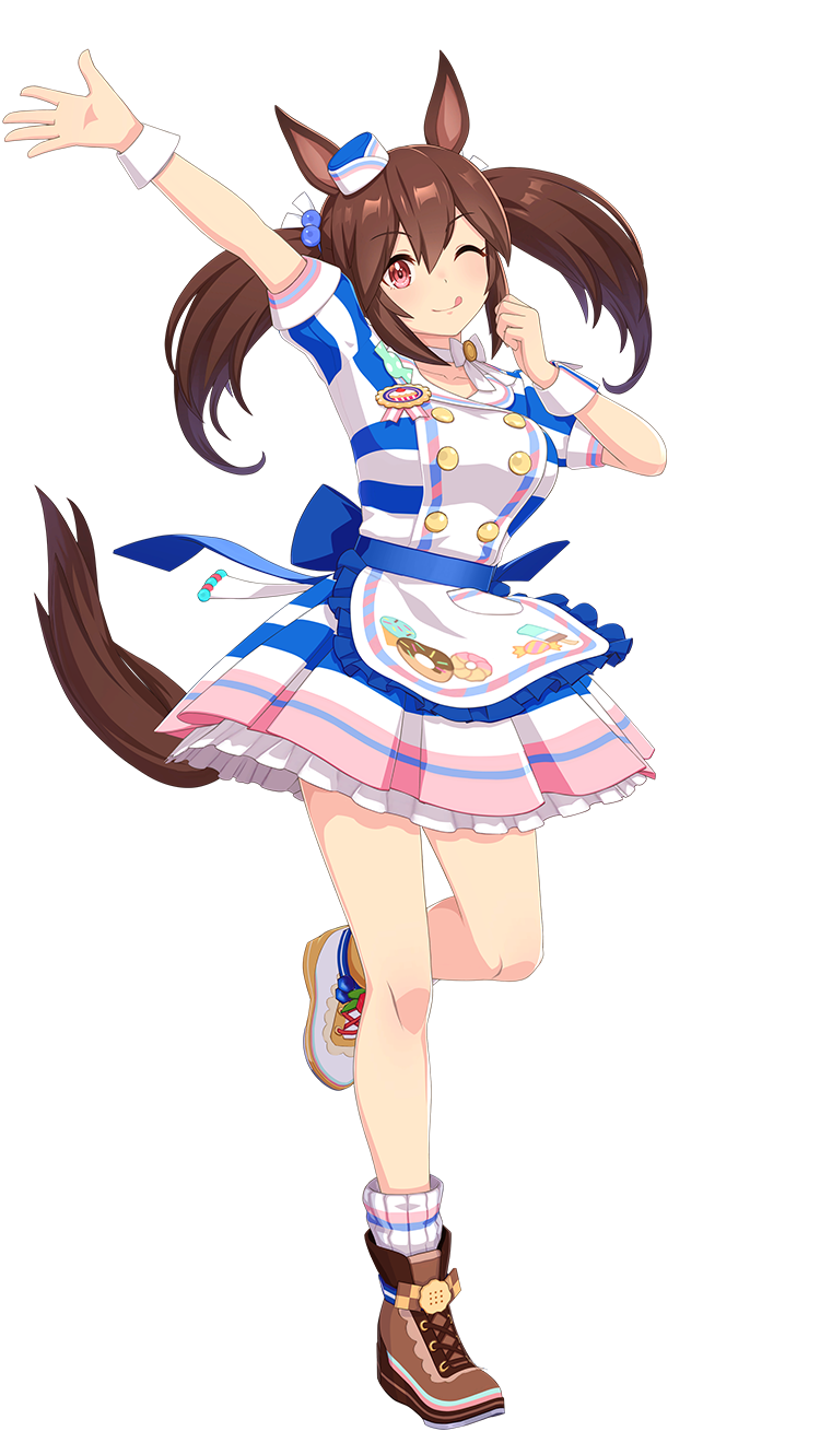 1girl, ;d, animal_ears, apron, arm_up, asymmetrical_footwear, brown_footwear, brown_hair