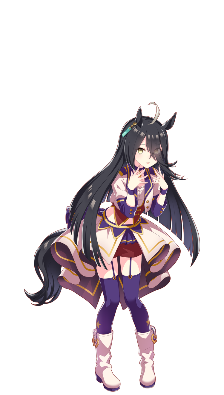 1girl, ahoge, animal_ears, bangs, black_hair, ear_piercing, earrings, eyes_visible_through_hair, full_body, hair_over_one_eye, highres, horse_ears, horse_girl, jacket, jewelry, long_bangs, long_hair, long_sleeves, looking_at_viewer, manhattan_cafe_(umamusume), midriff, multicolored_hair, official_art, piercing, purple_thighhighs, red_shorts, shorts, simple_background, single_earring, solo, starting_future_(umamusume), thigh-highs, thigh_strap, transparent_background, umamusume, white_hair, white_jacket, yellow_eyes