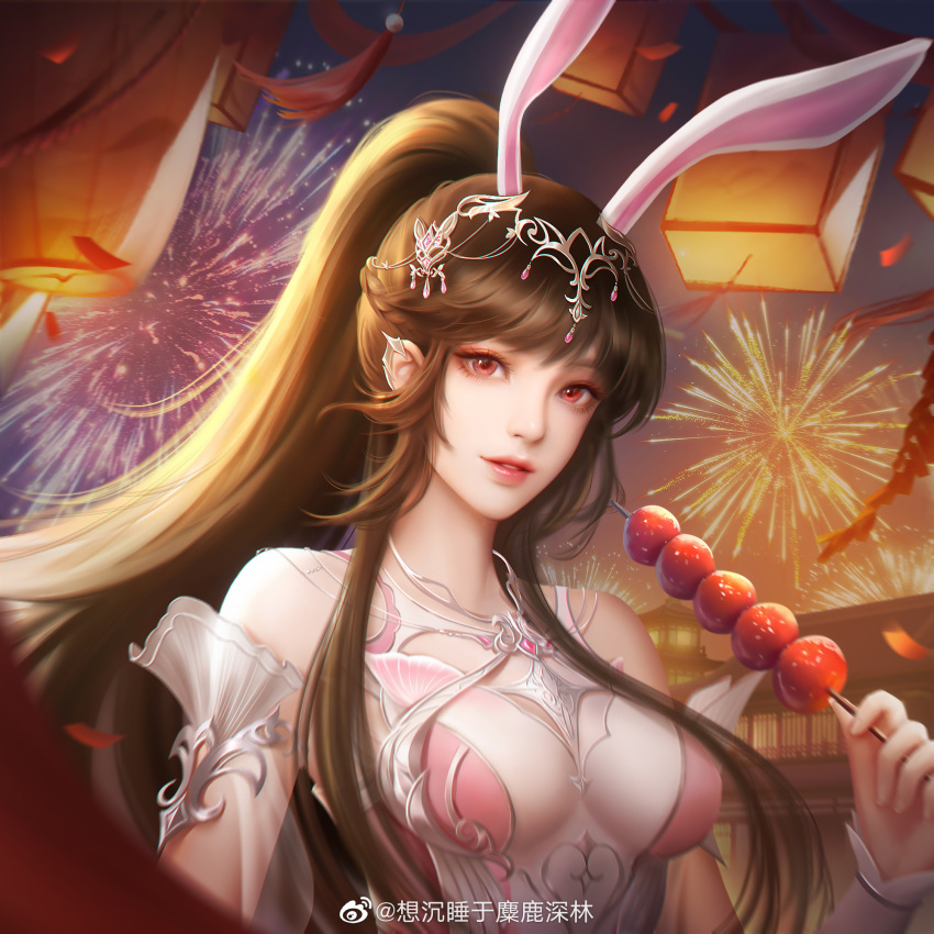 1girl, aerial_fireworks, animal_ears, brown_hair, building, dango, douluo_dalu, fireworks, food, hair_ornament, highres, lantern, long_hair, new_year, night, parted_lips, ponytail, rabbit_ears, sidelocks, solo, tassel, teeth, upper_body, wagashi, xiang_chenshui_yu_milu_shenlin, xiao_wu_(douluo_dalu)