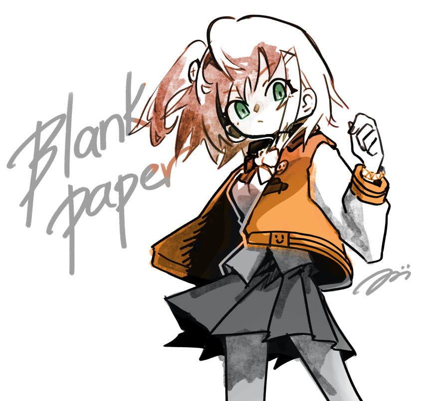 1girl, bow, bowtie, bracelet, brown_hair, closed_mouth, commentary_request, denonbu, green_eyes, grey_skirt, hair_ornament, hairclip, hidaka_reina_(denonbu), highres, jacket, jewelry, long_sleeves, looking_at_viewer, orange_jacket, pleated_skirt, school_uniform, shirt, short_hair, side_ponytail, simple_background, skirt, solo, song_name, standing, tsuzutsu, white_background