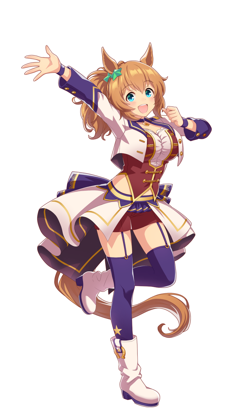 1girl, animal_ears, arm_up, blue_eyes, boots, breasts, crop_top, hair_ornament