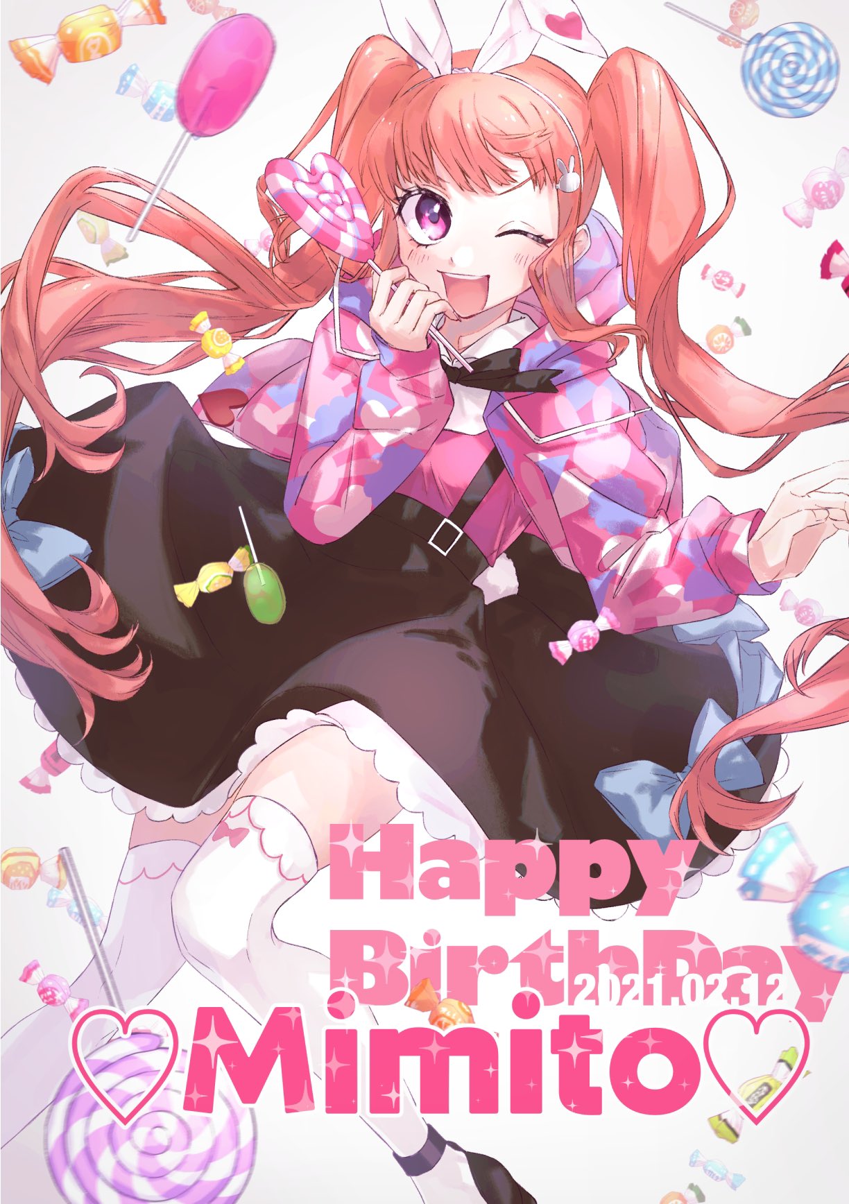 1girl, ;d, animal_ears, bangs, black_ribbon, black_skirt, blue_bow, blush