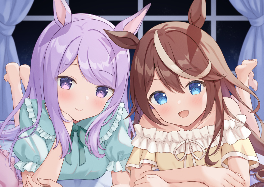 2girls, bed, blue_eyes, blush, brown_hair, collarbone, commentary_request, curtains, highres, kurumi_lm, looking_at_viewer, lying, mejiro_mcqueen_(umamusume), multiple_girls, night, on_stomach, open_mouth, pajamas, purple_hair, smile, tokai_teio_(umamusume), umamusume, violet_eyes