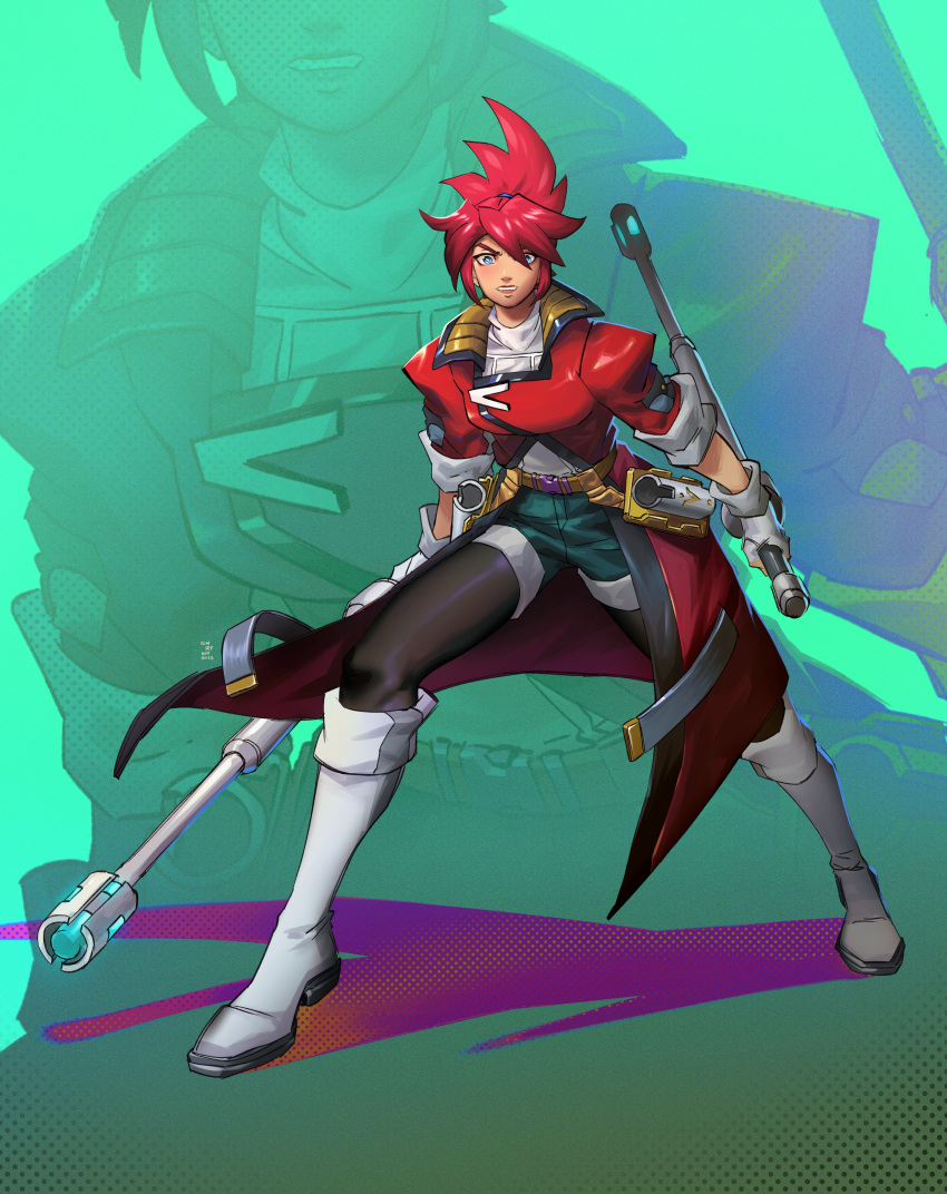 1girl, absurdres, bangs, baton_(weapon), belt, blue_eyes, boots, gloves