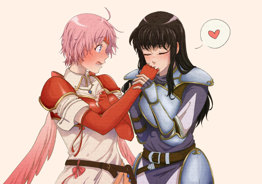 2girls, armor, astrid_(fire_emblem), black_hair, blue_eyes, blush, closed_eyes, cowlick