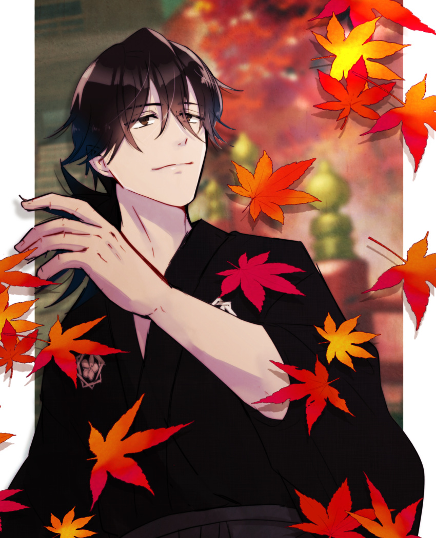 1boy, autumn_leaves, black_hair, black_kimono, blurry, blurry_background, brown_eyes, falling_leaves