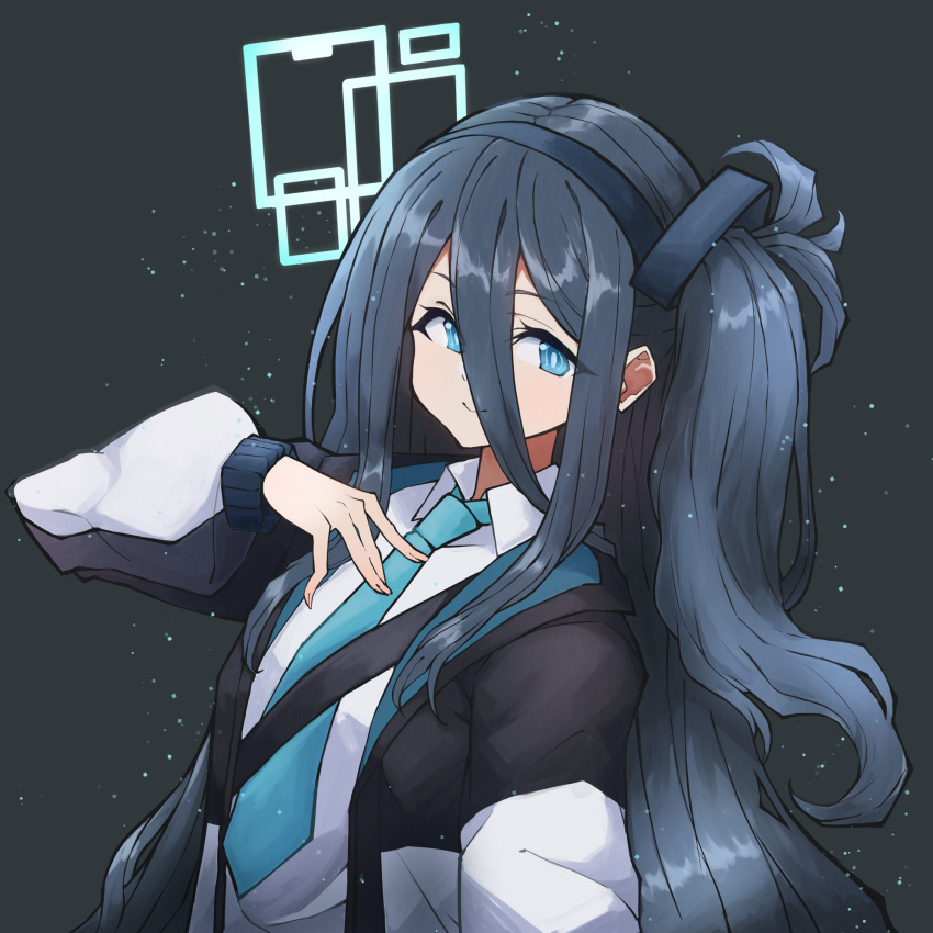 1girl, aqua_necktie, aris_(blue_archive), bangs, black_background, black_hair, blue_archive, blue_eyes