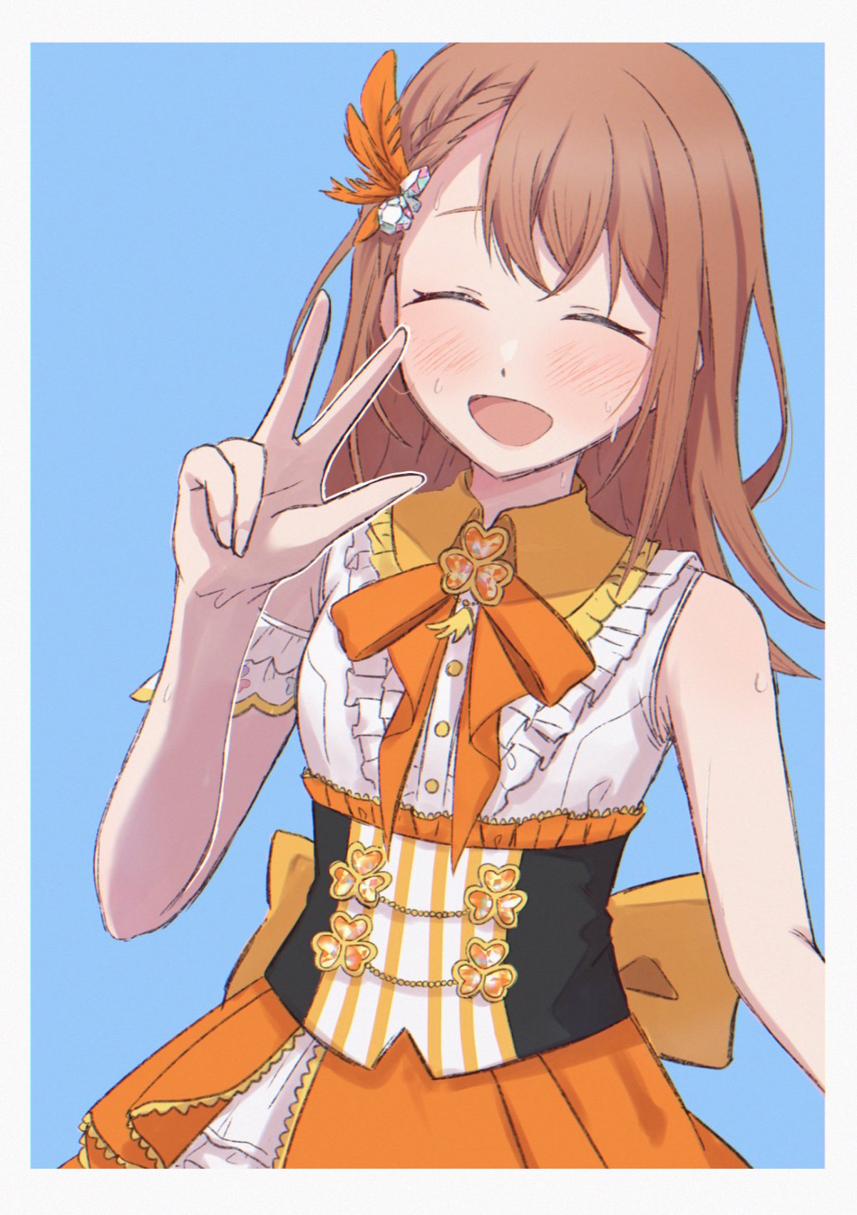 1girl, ^_^, arm_at_side, back_bow, bangs, blush, border, bow, braid, brooch, brown_hair, buttons, center_frills, chain, closed_eyes, clover_brooch, collared_shirt, diamond_(gemstone), diamond_hair_ornament, dot_nose, facing_viewer, feather_hair_ornament, feathers, frilled_shirt_collar, frills, full-face_blush, gem, gem_hair_ornament, haikei_ano_koro_no_watashi_e_(project_sekai), hair_ornament, hanasato_minori, hand_up, happy, highres, idol, jewelry, light_blue_background, medium_hair, neck_ribbon, no_ue_kei, open_mouth, orange_feathers, orange_gemstone, orange_ribbon, project_sekai, ribbon, shirt, side_slit, simple_background, sleeveless, sleeveless_shirt, solo, striped, sweat, swept_bangs, underbust, upper_body, v, vertical_stripes, white_border, white_shirt