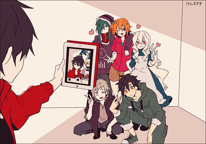 4girls, 5boys, amamiya_hibiya, apron, aqua_scrunchie, black_footwear, black_hair, black_jacket