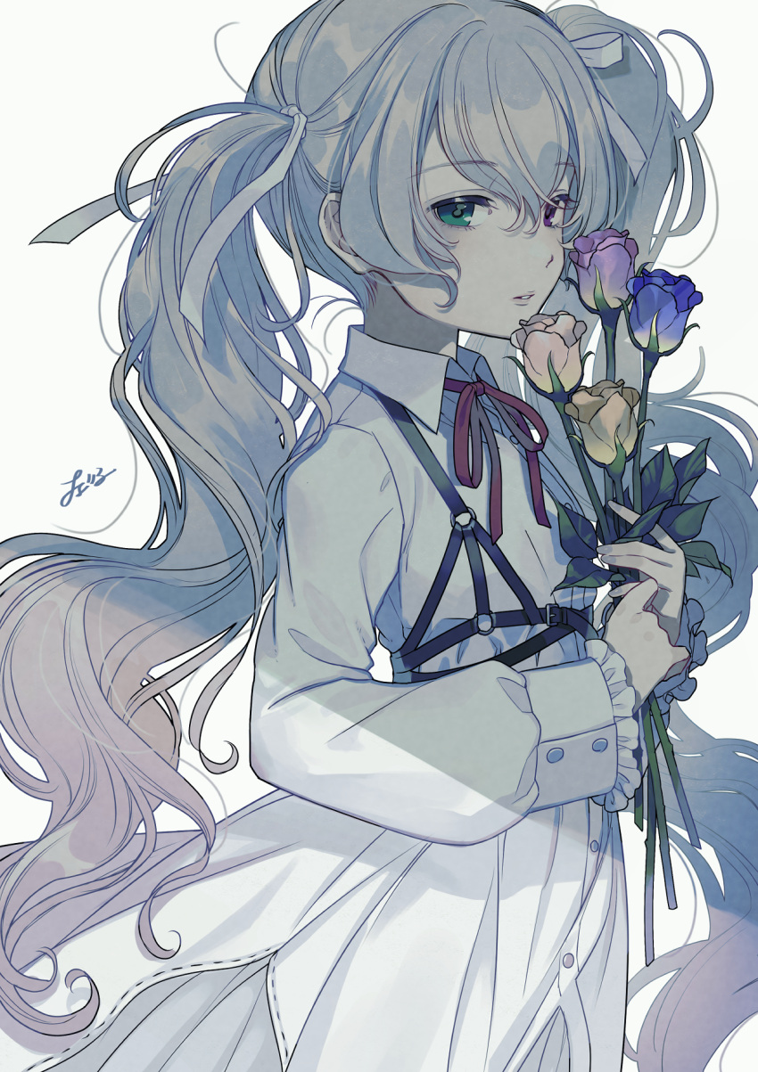1girl, 25-ji_miku, 25-ji_night_code_de._(project_sekai), blue_flower, blue_rose, buttons, cherico, chest_harness