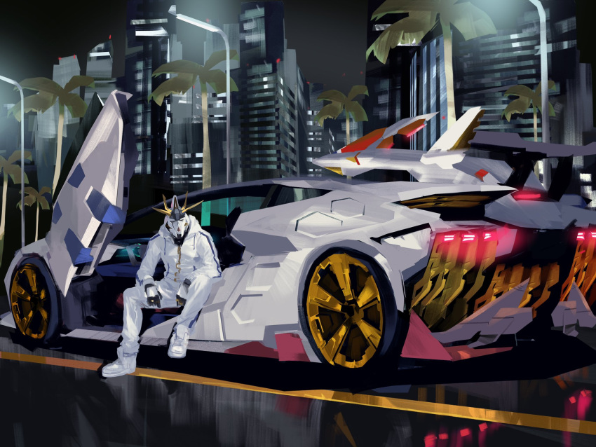 car, commentary, ground_vehicle, gundam, gundam_hathaway's_flash, highres, humanoid_robot, jacket