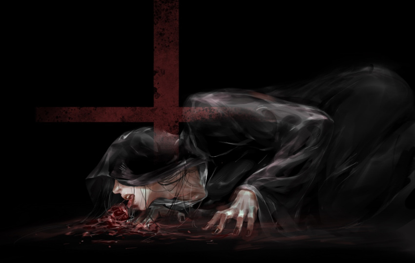 1boy, black_background, black_cloak, black_hair, btt59, chinese_commentary, cloak, collarbone, commentary_request, covered_face, cross, dark, licking_blood, long_hair, lord_of_the_mysteries, mr._a, nail, nail_polish, on_floor, open_mouth, solo, teeth, tongue