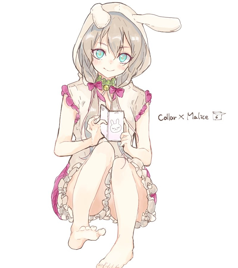 1girl, animal_ears, animal_hands, bangs, blue_eyes, character_name, collar_x_malice, fake_animal_ears, grey_hair, hair_ribbon, hana_(collar_x_malice), long_hair, looking_at_viewer, low_twintails, multicolored_eyes, rabbit_ears, ribbon, short_sleeves, shorts, solo, sooooniiiii, twintails, white_background, yellow_eyes