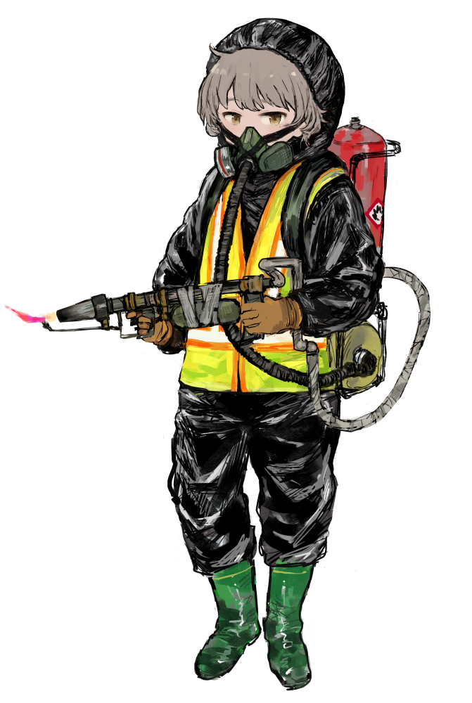 1girl, asasow, bangs, boots, brown_gloves, canister, fire, flamethrower