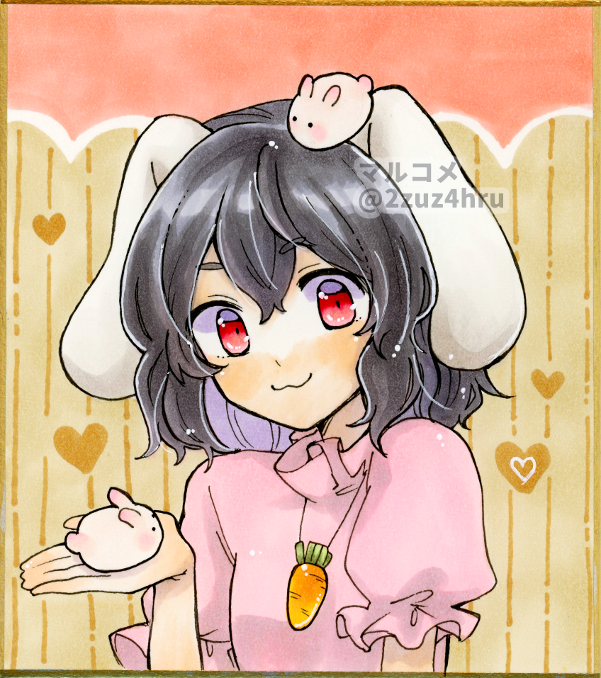1girl, 2zuz4hru, :3, animal_ears, bangs, black_hair, blush, carrot_necklace