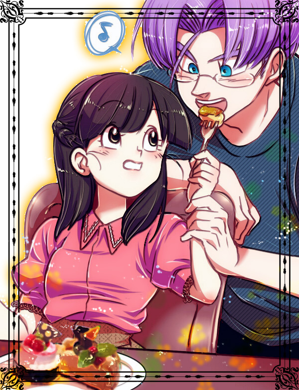 1boy, 1girl, alternate_hairstyle, bangs, black_eyes, black_hair, blue_eyes, chair, commentary_request, dragon_ball, dragon_ball_gt, eighth_note, feeding, food, fork, framed, glasses, guiding_hand, musical_note, ochanoko_(get9-sac), pan_(dragon_ball), plate, purple_hair, trunks_(dragon_ball)