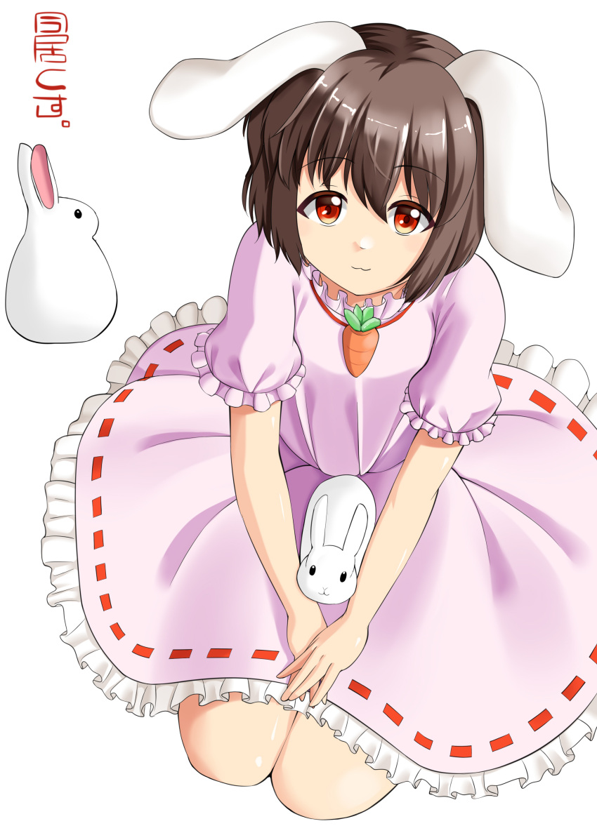 1girl, :3, absurdres, animal_ears, bangs, brown_hair, carrot_necklace, closed_mouth, commentary_request, dress, flat_chest, floppy_ears, frilled_dress, frilled_sleeves, frills, full_body, hair_between_eyes, highres, imai_kusu, inaba_tewi, jewelry, looking_at_viewer, necklace, orange_eyes, pink_dress, rabbit, rabbit_ears, rabbit_girl, ribbon-trimmed_dress, seiza, short_hair, simple_background, sitting, smile, solo, touhou, white_background