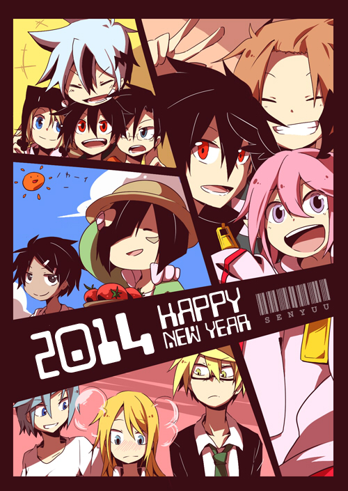 2014, 4girls, 6+boys, alba_(senyuu), animal_hat, ares_strahl, black_hair, blonde_hair
