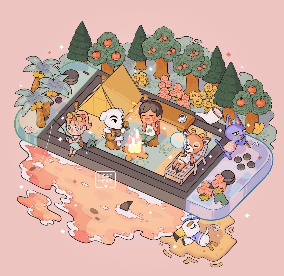 1girl, 5boys, :d, animal_crossing, animal_ears, antelope, antelope_ears, antlers, apple, artist_name, bag, beach, beau_(animal_crossing), bird, blue_dress, blush, blush_stickers, bob_(animal_crossing), brown_hair, bug, butterfly, butterfly_net, campfire, cat, cat_ears, chair, cherry, clam_shell, closed_eyes, closed_mouth, commentary, cup, dog, dog_ears, dress, english_commentary, fire, fishing, fishing_rod, flower, flower_wreath, food, fruit, full_body, furry, furry_male, grass, green_shorts, guitar, gulliver_(animal_crossing), hand_net, handheld_game_console, hat, head_wreath, high_ponytail, holding, holding_butterfly_net, holding_fishing_rod, holding_instrument, instrument, isometric, k.k._slider_(animal_crossing), leaphere, lounge_chair, lying, mug, multiple_boys, music, musical_note, nintendo_switch, nose_bubble, on_back, open_mouth, orange_background, orange_hair, palm_tree, pink_flower, playing_instrument, ponytail, sailor_hat, sand, satchel, saucer, scenery, seagull, seashell, shark_fin, shell, shirt, short_hair, short_sleeves, shorts, simple_background, singing, sitting, sitting_on_tree_stump, sleeping, sleeveless, sleeveless_dress, sleeveless_shirt, smile, sparkle, star_(symbol), summer, t-shirt, table, tent, tree, tree_stump, villager_(animal_crossing), water, white_headwear, white_shirt, yellow_flower