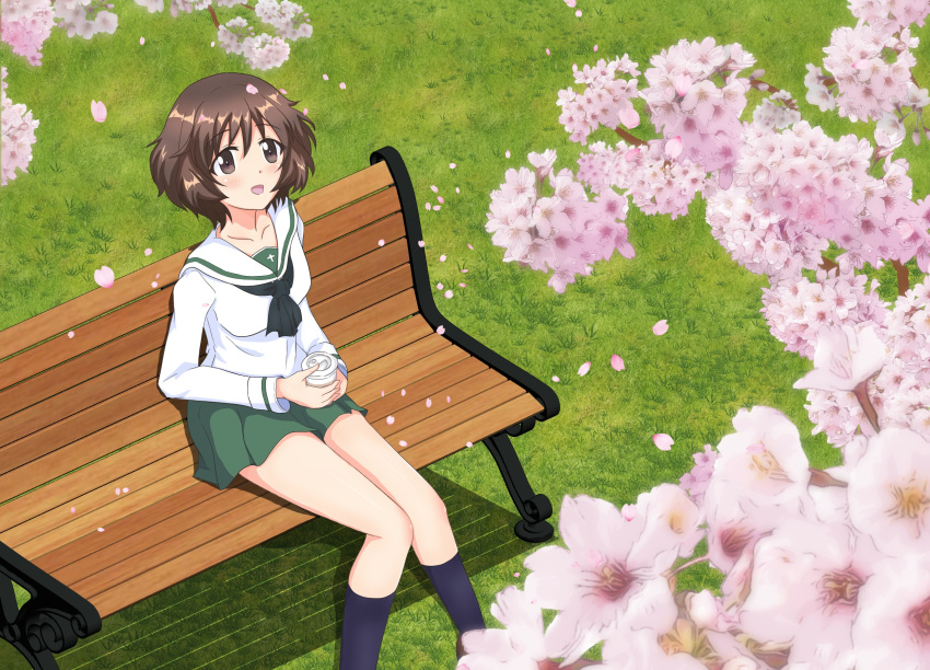 1girl, akiyama_yukari, bangs, bench, black_neckerchief, black_socks, blouse, brown_eyes