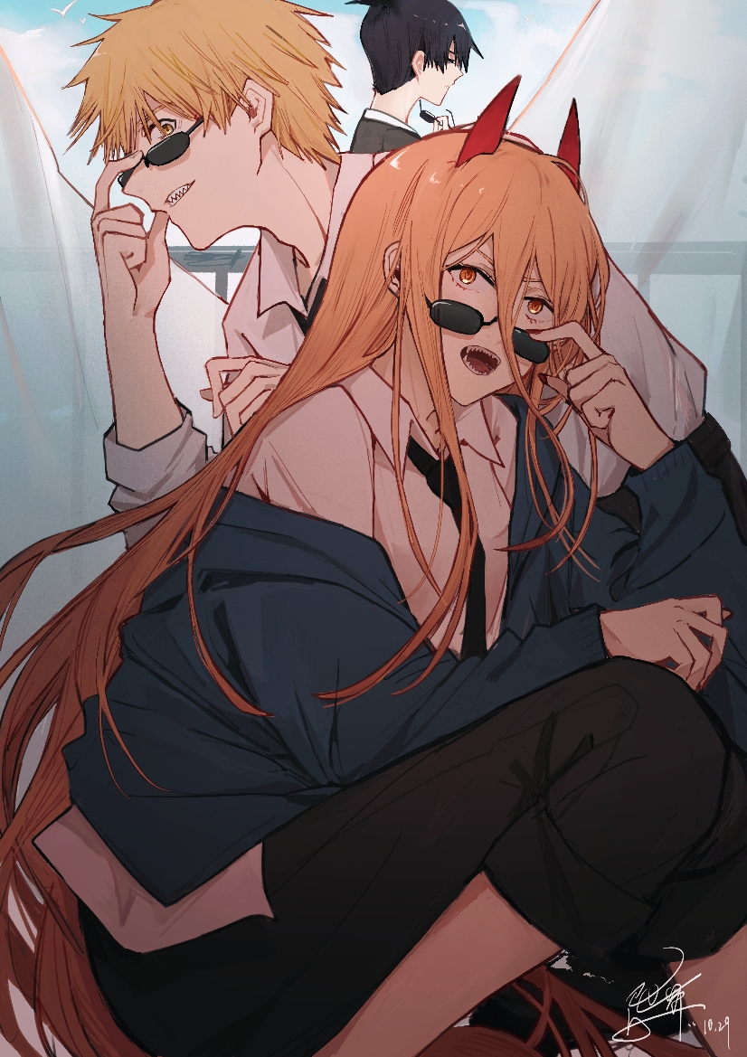 1girl, 2boys, adjusting_eyewear, bangs, black_hair, black_jacket, black_necktie, black_pants