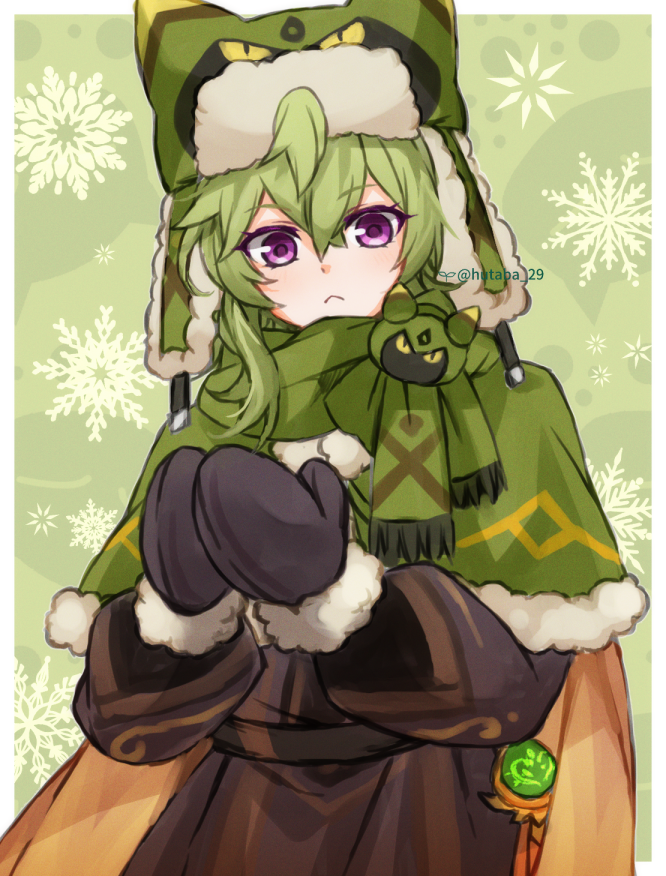 1girl, :<, adapted_costume, bangs, black_dress, black_mittens, border, capelet