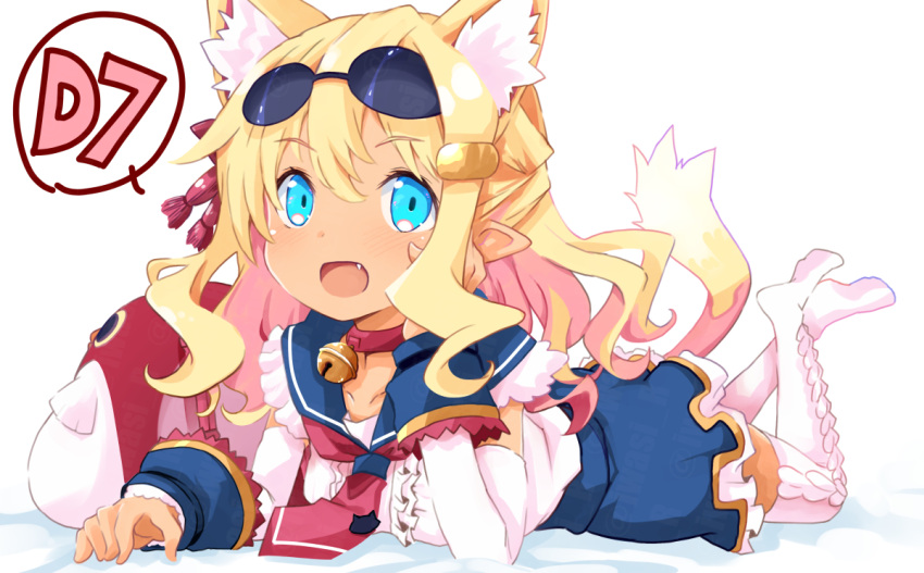 1girl, animal_ears, bell, blonde_hair, blue_eyes, blue_skirt, blush, center_frills