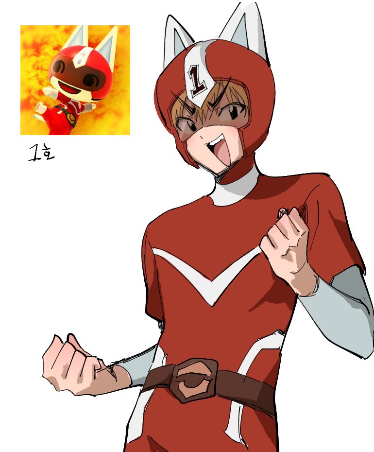 1boy, animal_crossing, animal_ears, bangs, belt, black_eyes, blonde_hair, blush, bodysuit, cat_boy, cat_ears, chaa_chaa_maru, clenched_hands, clothes_writing, commentary_request, hands_up, happy, helmet, humanization, kid_cat_(animal_crossing), korean_commentary, korean_text, layered_sleeves, long_sleeves, looking_at_viewer, male_focus, official_art_inset, open_mouth, red_bodysuit, red_headwear, short_hair, short_over_long_sleeves, short_sleeves, simple_background, smile, solo, standing, teeth, translation_request, upper_body, v-shaped_eyebrows, white_background