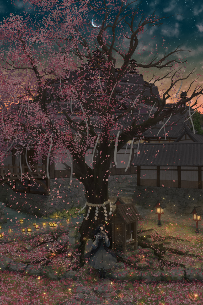 1girl, absurdres, architecture, bangs, black_footwear, black_hair, blue_headwear, bridge, castle, cherry_blossoms, clouds, commentary_request, crescent_moon, east_asian_architecture, falling_petals, fasnakegod, fireflies, full_body, geta, grey_kimono, hair_between_eyes, hand_up, hat, highres, iizunamaru_megumu, japanese_clothes, kimono, lantern, long_hair, long_sleeves, looking_up, moon, outdoors, paper_lantern, petals, pom_pom_(clothes), red_eyes, rock, rope, sandals, scenery, shide, shimenawa, shrine, sky, solo, standing, star_(sky), starry_sky, stone_wall, sunset, tengu-geta, tokin_hat, touhou, tree, wall