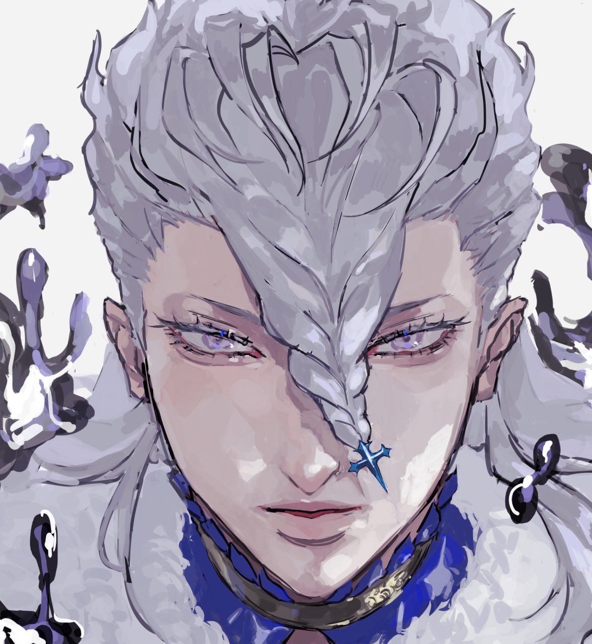 1boy, black_clover, braid, braided_bangs, commentary_request, feathers, grey_hair, highres, long_hair, looking_at_viewer, male_focus, mercury_(element), nozel_silva, parted_lips, simple_background, solo, tdgypm, white_background