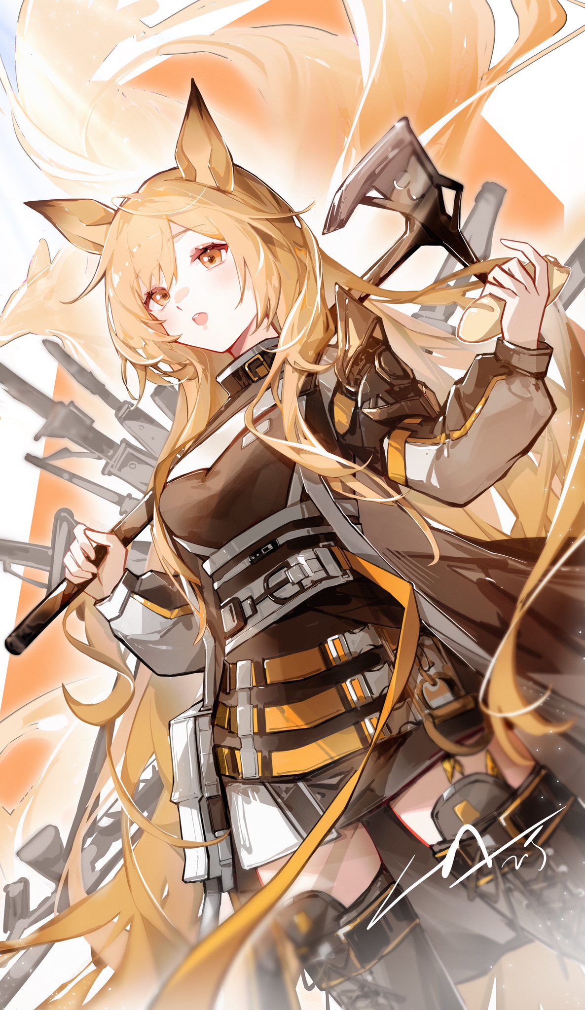 1girl, animal_ears, arknights, axe, bangs, belt, bread, brown_eyes