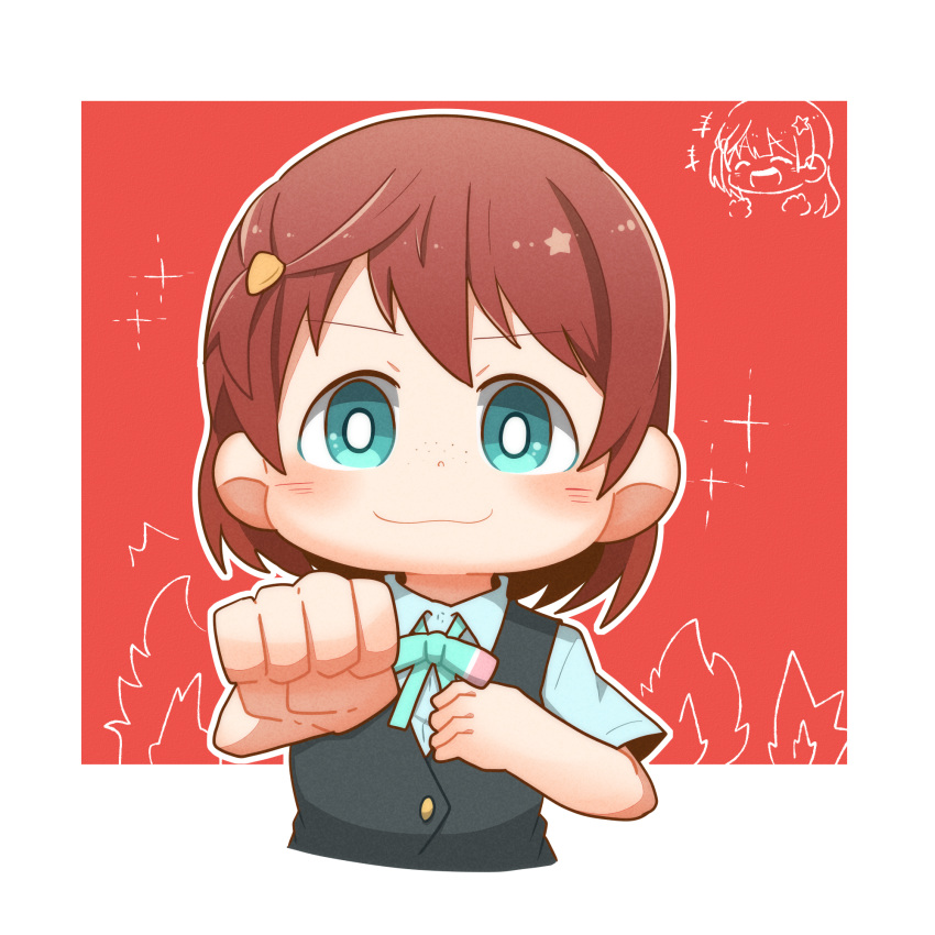 1girl, bangs, blush, borrowed_hairstyle, brown_hair, commentary_request, cosplay, emma_verde