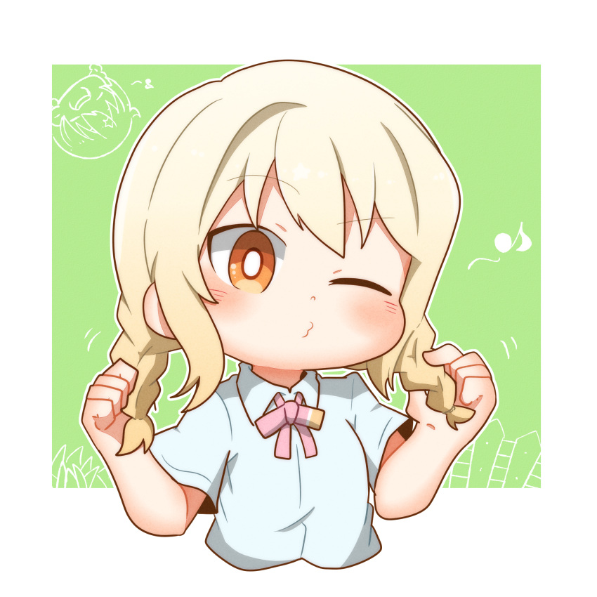 1girl, bangs, blonde_hair, blush, borrowed_hairstyle, chibi, commentary_request, cosplay