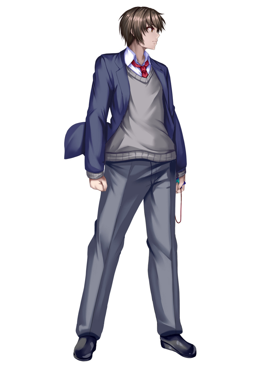 1boy, black_footwear, blue_jacket, brown_eyes, brown_hair, dark_skin, dress_shoes, grey_pants, highres, holding, jacket, kouyoku_senki_exs-tia, kozu_rokuta, looking_to_the_side, necktie, open_clothes, open_jacket, pants, red_necktie, school_uniform, shihou_souma, white_background