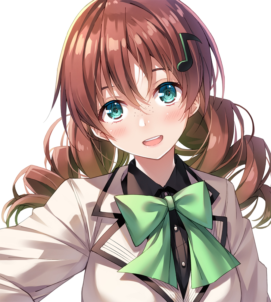 1girl, bangs, blush, brown_hair, commentary_request, drill_hair, emma_verde, freckles, future_parade_(love_live!), green_eyes, hair_ornament, long_hair, looking_at_viewer, love_live!, love_live!_nijigasaki_high_school_idol_club, musical_note, musical_note_hair_ornament, sidelocks, smile, solo, tomo_wakui, twin_drills, twintails, upper_body, white_background