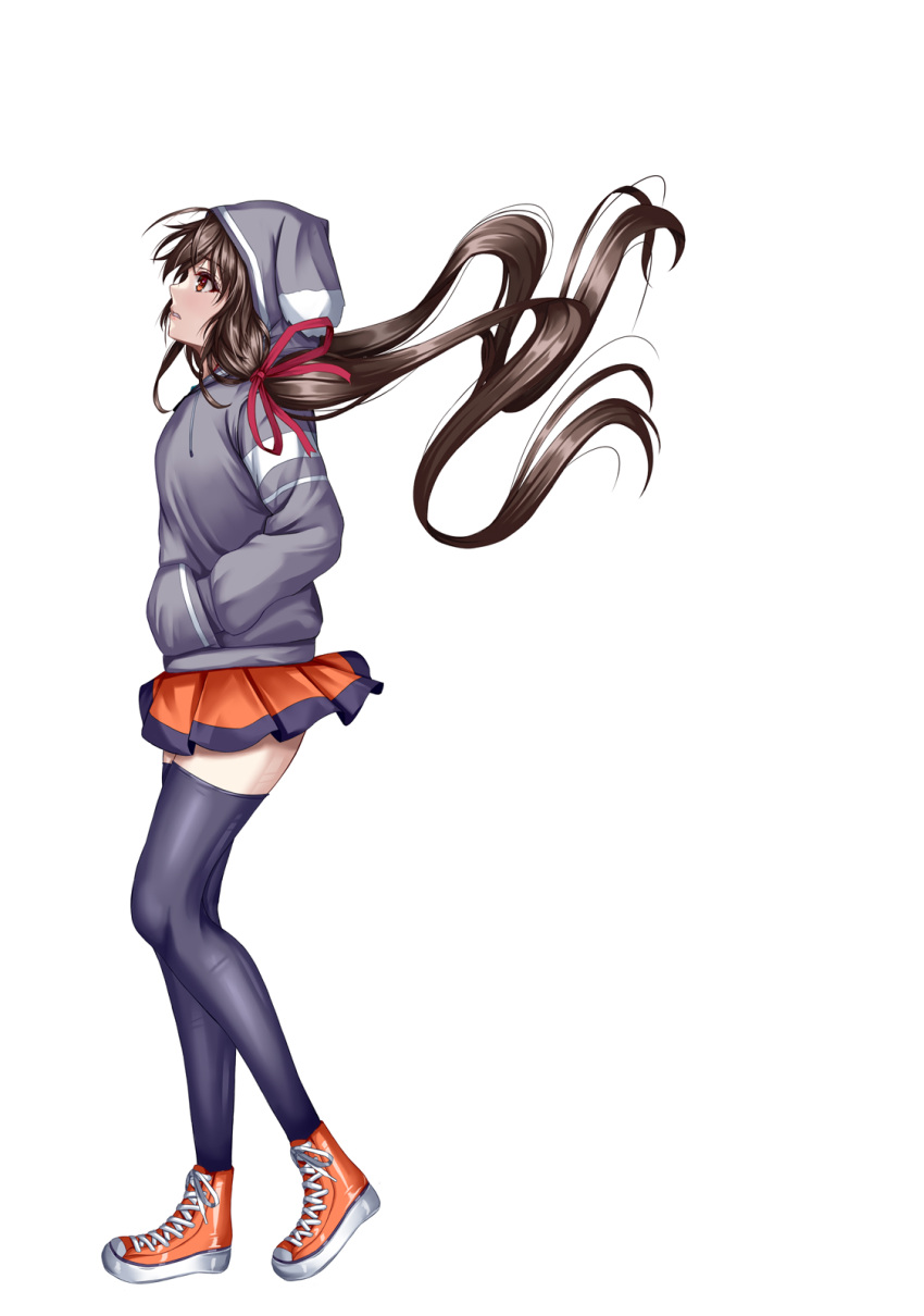 1girl, blue_socks, brown_eyes, brown_hair, commentary_request, from_side, genderswap, genderswap_(mtf), grey_hoodie, hand_in_pocket, highres, hood, hood_up, hoodie, kouyoku_senki_exs-tia, kozu_rokuta, long_hair, looking_to_the_side, looking_up, low_twintails, orange_footwear, orange_skirt, pleated_skirt, shihou_souma, shoes, skirt, sneakers, socks, thigh-highs, twintails, white_background
