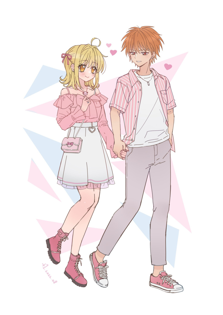 +1_(yakusoku0722), 1boy, 1girl, ahoge, bag, blonde_hair, brown_eyes, commentary_request