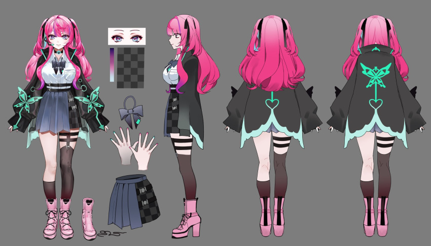 1girl, animal_print, aqua_jacket, aqua_nails, asymmetrical_legwear, belt, black_choker, black_jacket, black_ribbon, black_skirt, black_socks, black_thighhighs, blue_bow, blue_bowtie, blue_eyes, blue_hair, blue_skirt, boots, bow, bowtie, bug, butterfly, butterfly_ornament, butterfly_print, checkered_clothes, checkered_skirt, choker, collared_jacket, color_guide, commentary_request, cross-laced_footwear, facing_viewer, from_behind, from_side, grey_background, hair_ribbon, high_belt, high_heel_boots, high_heels, highres, himeragi_ageha, jacket, kneehighs, lace-up_boots, legwear_garter, long_hair, microphone, moko_(moko/moko), mole, mole_under_mouth, multicolored_clothes, multicolored_hair, multicolored_nails, multicolored_skirt, multiple_belts, multiple_views, neon_trim, pink_footwear, pink_hair, pink_nails, pleated_skirt, power_symbol, purple_hair, reference_sheet, ribbon, school_uniform, shirt, sidelocks, single_kneehigh, single_sock, single_thighhigh, skirt, socks, streaked_hair, thigh-highs, two_side_up, uneven_legwear, virtual_youtuber, wactor_production, white_shirt, wide_sleeves