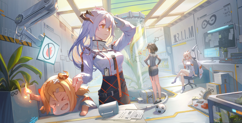 =3, a_zhendechibuxiale, absurdres, arknights, ball, blonde_hair, book, box