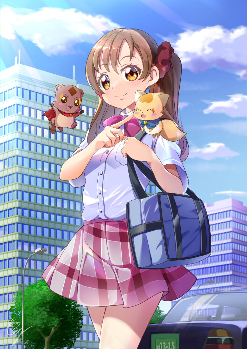 1girl, absurdres, artist_name, bag, bangs, blue_sky, bow, bowtie, brown_eyes, brown_hair, building, car, clouds, cloudy_sky, commentary_request, commission, cowboy_shot, day, dress_shirt, en'en, ground_vehicle, gureru, hair_ornament, hair_scrunchie, highres, lamppost, medium_hair, miniskirt, motor_vehicle, outdoors, partial_commentary, plaid, plaid_skirt, pleated_skirt, precure, precure_all_stars, precure_all_stars_new_stage:_mirai_no_tomodachi, purple_bow, purple_bowtie, purple_skirt, red_scrunchie, sakagami_ayumi, school_bag, school_uniform, scrunchie, shirt, short_sleeves, signature, skeb_commission, skirt, sky, skyscraper, smile, solo, summer_uniform, sunlight, tirofinire, twintails, white_shirt, wing_collar