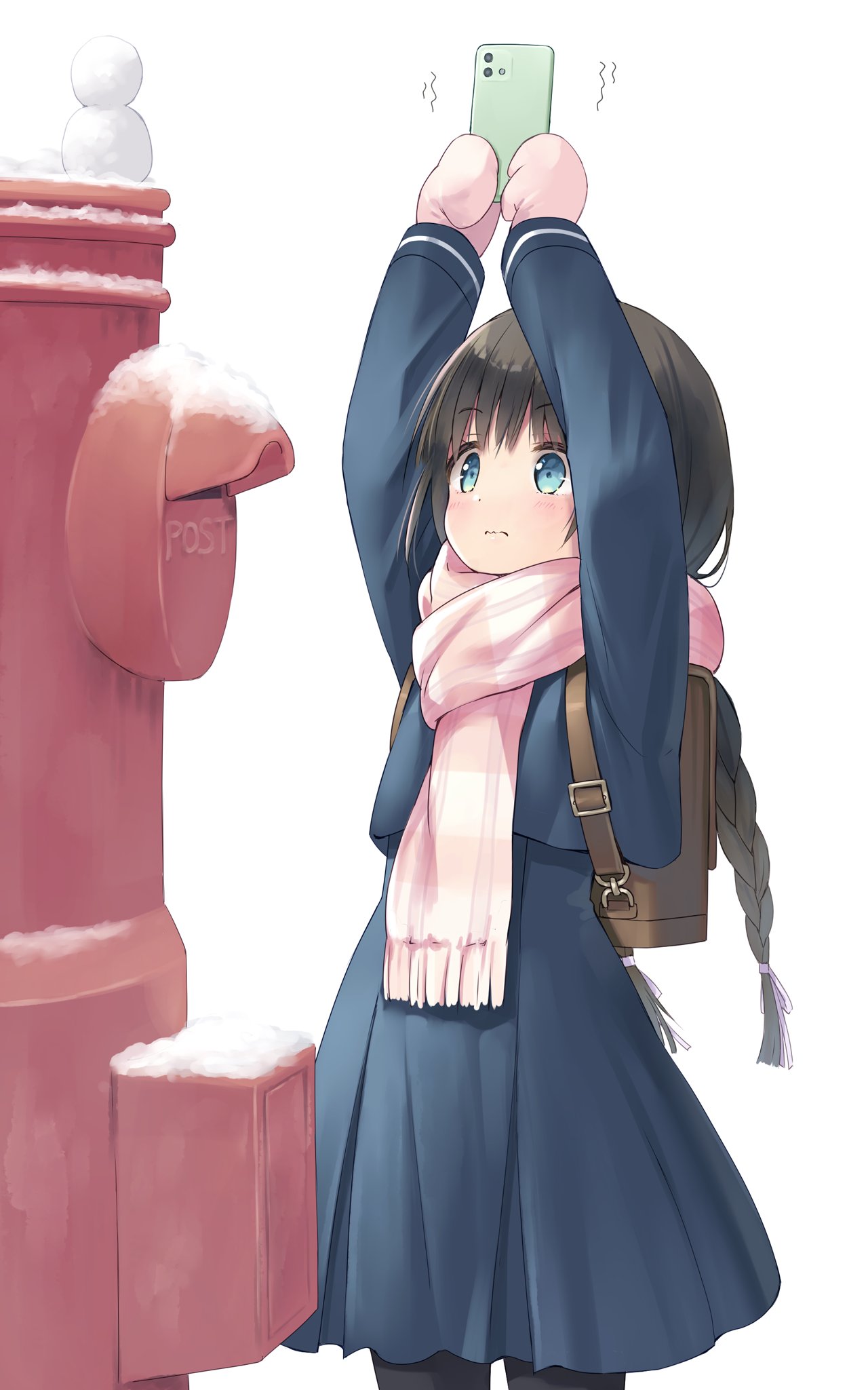 1girl, aqua_eyes, arms_up, backpack, bag, bangs, blue_skirt, blush