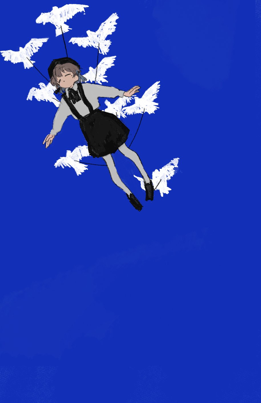 1girl, bangs, beret, bird, black_headwear, black_ribbon, black_skirt, blue_background