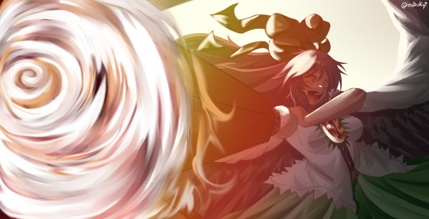1girl, :d, absurdres, arm_cannon, bangs, bird_wings, black_hair, black_wings