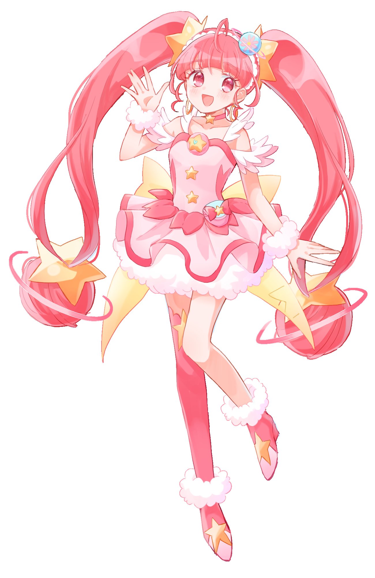 1girl, ahoge, anko_maccha, bangs, blunt_bangs, blush, choker, commentary_request, cure_star, earrings, full_body, fur-trimmed_footwear, highres, hoshina_hikaru, jewelry, magical_girl, pink_choker, pink_eyes, pink_hair, pink_thighhighs, planet_hair_ornament, pouch, precure, simple_background, single_thighhigh, smile, solo, star_(symbol), star_choker, star_twinkle_precure, thigh-highs, twintails, white_background