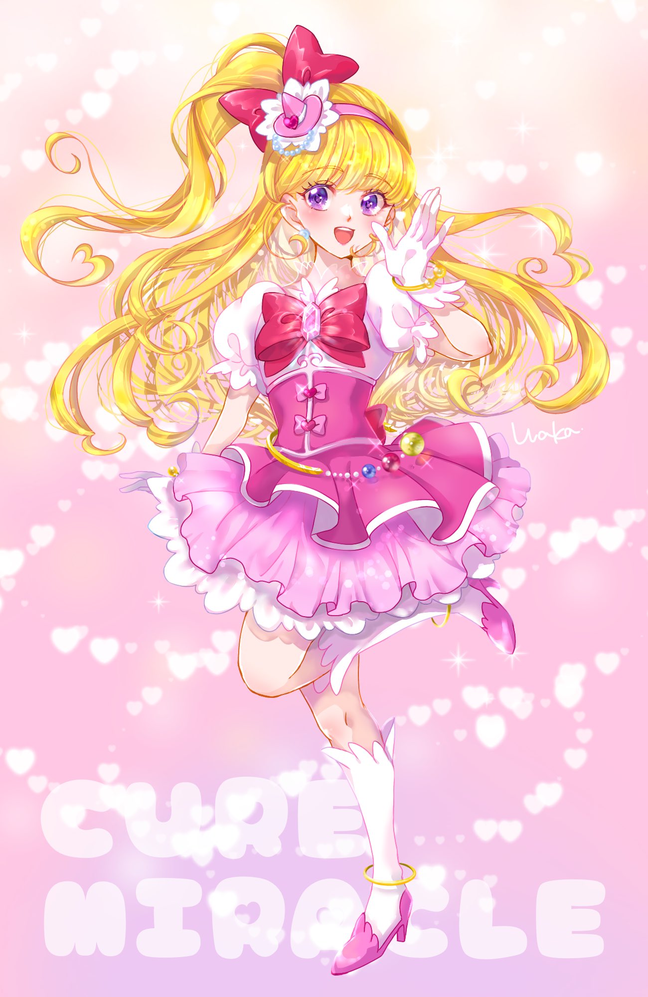 1girl, asahina_mirai, blonde_hair, bow, commentary_request, cure_miracle, diamond-shaped_brooch, earrings
