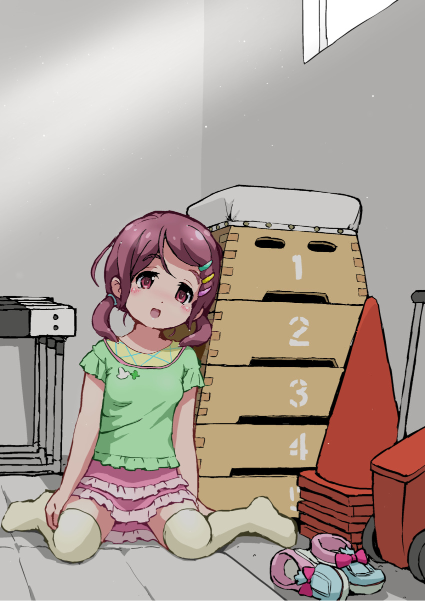 1girl, blue_footwear, cure_cotton, green_shirt, gym_storeroom, hair_ornament, hairclip, highres