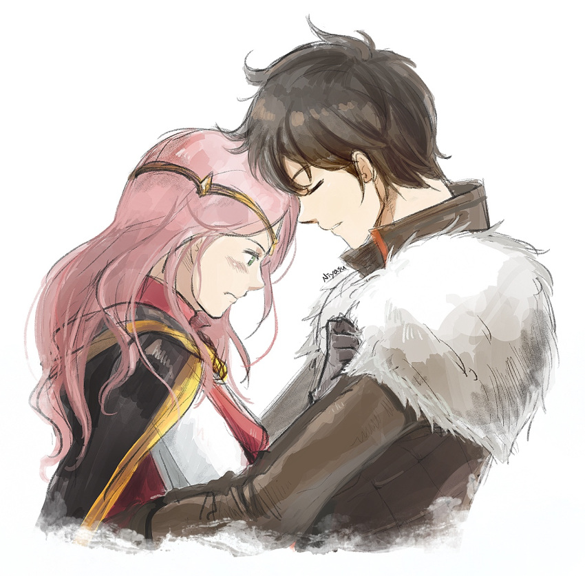 1boy, 1girl, artist_name, brown_hair, cape, closed_eyes, commentary_request, couple